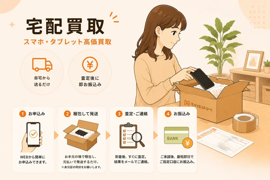 宅配買取:送るだけ、査定後に即お振込み。申込み・梱包・査定・振込みの4ステップ